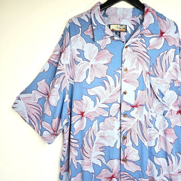 Havana Jacks Cafe Button Down Shirt Hawaiian XXL Blue Tropical HIbiscus - Picture 2 of 5